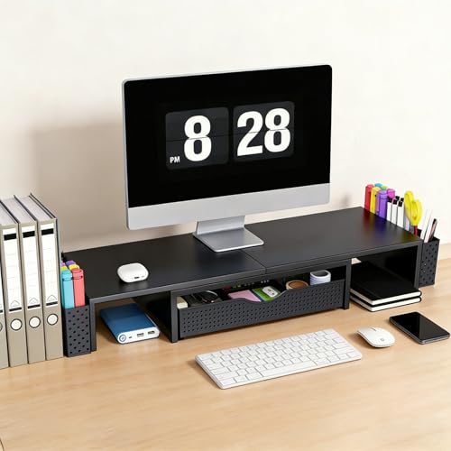 Spacrea Dual Monitor Stand Riser with Drawer & Pen Holders - Black