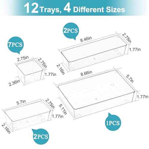 Drawer Organizers Set of 12, 4 Sizes Clear Plastic Drawer Organizers and Storage Bins for Kitchen, Bathroom, Office, Dresser Desk Drawer Organizer Tray for Jewelry, Makeup, Junk, Gadgets