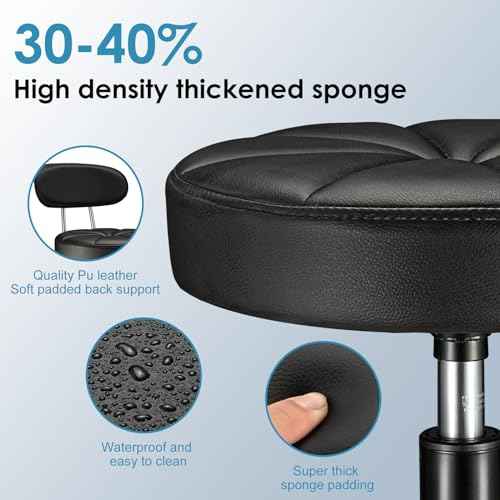 PU Leather Rolling Stool with Back Support Height Adjustable Swivel Stool Chair with Wheels Drafting Chair for Spa Slaon Massage Black