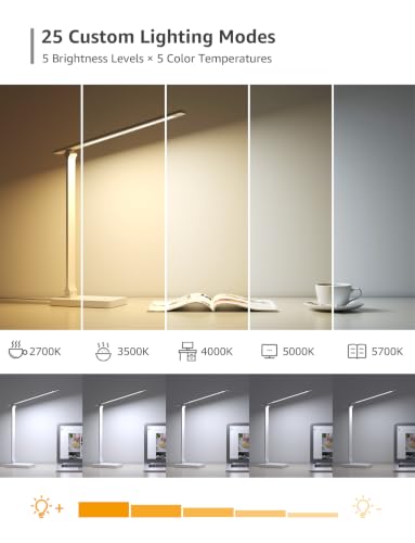 Lepro White LED Desk Lamp with USB Charging Port, Dimmable, Eye-Care, 700LM