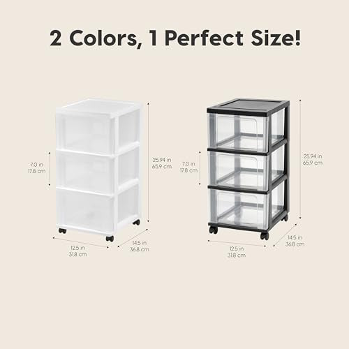 IRIS USA Plastic 3-Drawer Storage Organizer Rolling Cart, with Wheels Casters, 2-Pack, for Classroom Art Supplies Bathroom Dorm Bedroom Laundry Room, Slim Narrow, White/Clear