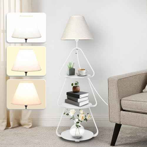 Floor Lamp with Small Round Side Table, 3-Tier Circular End Table with Storage Shelf, Round Corner Coffee Desk Nightstand for Living Room Bedroom Small Spaces, White