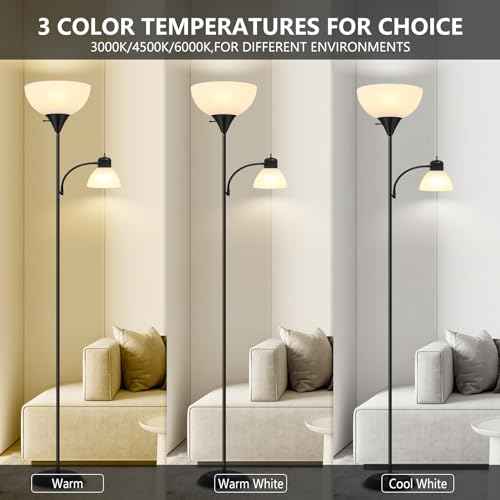 Floor Lamp for Living Room 9W LED Torchiere Floor Lamp with 9W Adjustable Reading Lamp Black 72"" Tall Floor Lamps for Bedroom Office Two Independent Rotary switches Including 2 Light Bulbs., LB-KC05