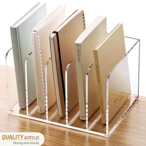 YUXUN Acrylic Magazine Holder,Clear Desk Organizer Vertical File Sorter Holder Stand for Notebook,Paper,Envelope,Magazine, Book Storage-Office/Home/Classroom Organization (5 Compartments,B5)