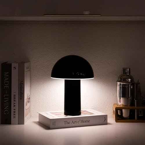 Brightech Celia Mood Lamp ? 10" Touch-Controlled Mushroom Table Lamp, Cordless & Dimmable LED, Portable Rechargeable Bedside Night Light, Sustainable Recycled Modern Patio Lamp for Home D?cor ? Black