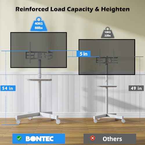 BONTEC Mobile TV Stand with Tilt Function, Rolling TV Stand for 23-60" LED, LCD, OLED TVs, Holds up to 88lbs, Max VESA 400x400mm, Adjustable Media Shelf (White, 17.1x15.1x53.1 in)