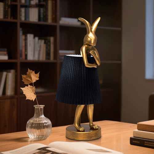 Rabbit Table Lamp with Linen Shade & Gold-Toned Resin Base Cordless Rechargeable LED Table Lamp for Kids Room, Bedroom, Nightstand, Nursery.