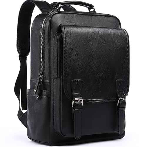 Leather Travel Laptop Backpack For Men Fit 15.6" Waterproof Vintage Backpack Business Work Knapsack College Commute Hiking Black Backpacks