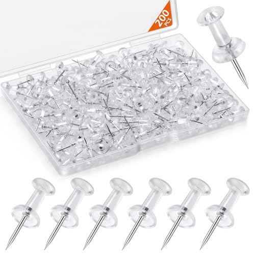 200 Pcs Push Pins Tacks, Thumb Tacks for Wall, Clear Plastic Head, Steel Point, Decorative Push Pins, Standard Thumb Tacks for Bulletin Board, Corkboard, Map, Calendar, Photo, Home, Office