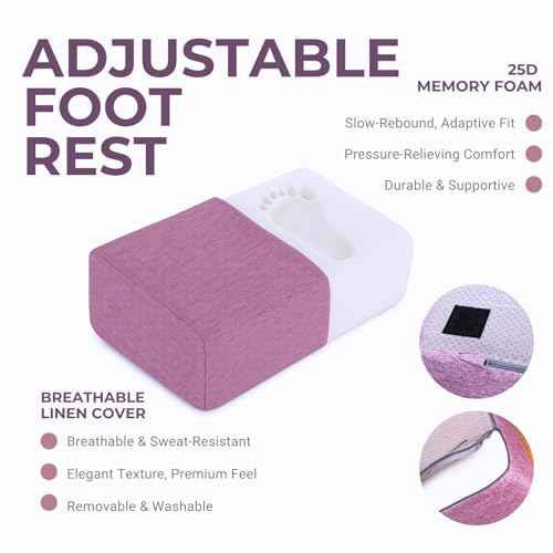 Purple Adjustable Foot Rest for Under Desk at Work ? Ergonomic Linen Memory Foam Footrest Pillow with Breathable Washable Cover, DIY Height Adjustment for Office Chair, Gaming, Home & Travel Use
