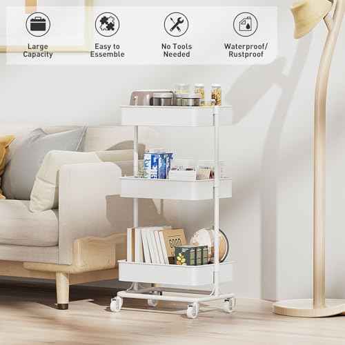 3-Tier Adjustable Rolling Cart with Dual-Column Frame, Tool-Free Assembly Metal Utility Cart, Customizable Storage Organizer for Kitchen Bathroom Office Heavy Duty 120lbs Capacity - White