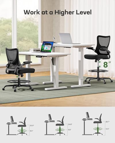Marsail Drafting Chair Dark – Tall Office Chair with 2D Lumbar, 30.7" Seat Ht, Flip-Up Armrests & Foot Ring