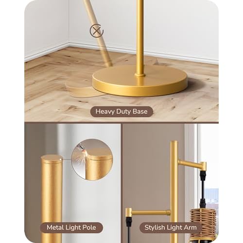 EDISHINE Dimmable Industrial Floor Lamp, Farmhouse Standing Lamp for Living Room with 3 LED Edison Bulbs, Diamond-Shaped Cage, Corner Rustic Rattan Reading Lamps for Bedroom, Office, Gold