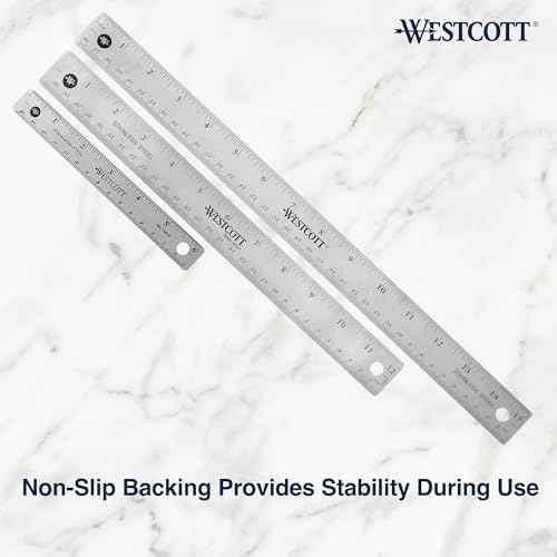 Westcott 10414 Stainless Steel Metal Ruler with Non-Slip Cork Base, 6 in
