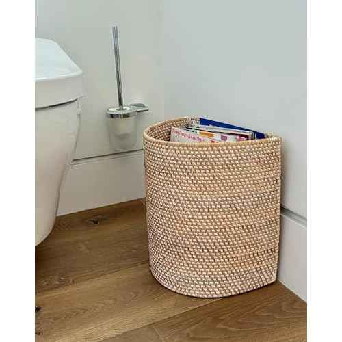 KOUBOO Laguna Half-Moon Rattan Waste Basket ? Decorative Trash Can for Bathroom, Bedroom, Kitchen & Office ? Boho Home Decor, Small Wicker Basket for Trash Storage, Off-White/Latte