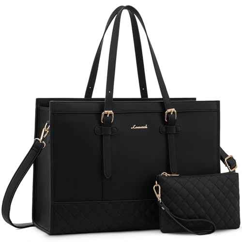 LOVEVOOK Women's 15.6 inch Laptop Tote, Waterproof PU Leather Computer Work Bag, Large Capacity Business Office Tote Black