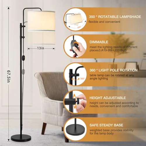 GyroVu Floor Lamp for Living Room, Adjustable Height Standing Lamps with 350¡Æ Rotate White Lampshade, 67.5-Inch Modern Tall Lamp Dimmable Floor Lamps for Corner Bedroom Home Office (Bulb Included)