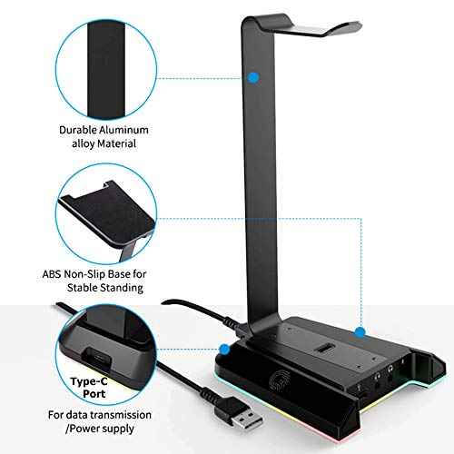 EKSA Headphone Stand, RGB Gaming Headset Stand for Desk with 7.1 Surround Sound, Headphone Holder with 3.5mm Aux and 2 USB Ports, Aluminum PC Gamer Headset Accessories for All Headphones Size