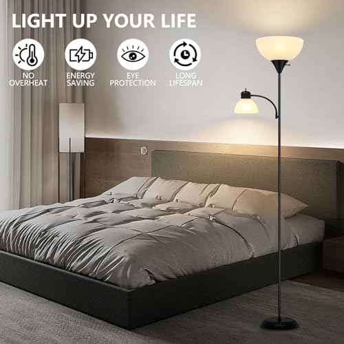 Floor Lamp for Living Room 9W LED Torchiere Floor Lamp with 9W Adjustable Reading Lamp Black 72"" Tall Floor Lamps for Bedroom Office Two Independent Rotary switches Including 2 Light Bulbs., LB-KC05