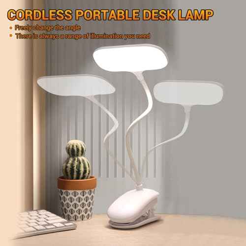 LED Desk Lamp with Clamp, Eye-Caring Clip on Lights for Home Office, 3000mAh Rechargeable Battery Operated Table Lamps,3 Lighting Modes & Brightness Dimmer Light for Kids Students