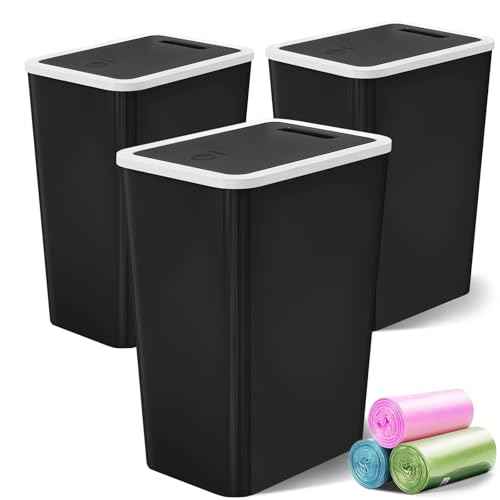 Small Trash Can, 3 Pack 4 Gallons Bathroom Garbage Can with Lid Press-Top, Small Waste Basket with Trash Bags, Slim Plastic Garbage Bin for Dorm, Office, Bedroom, Kitchen, Living Room £¨ Black £©
