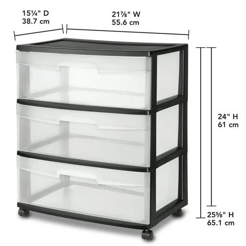 3 Drawer Plastic Storage Organizer - Wide Clear Pull Out Drawers, Black Storage Cart