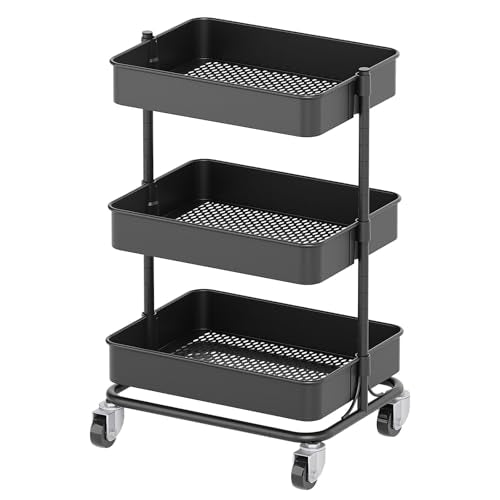 3 Tier Modern Metal Rolling Tool Cart with Silent Casters, 15.35x11.81x23.74 inch Heavy Duty Organization Truck Trolley Organizer for Office, Living Room, Kitchen, (Black)