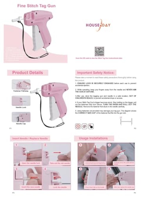 HOUSE DAY Stitchy Gun for Clothes, Fine Needle Stitch Gun Quick Clothing Fixer, Speedy Price Tagging Gun with 6 Fine Needles, 2200 Micro Thin Fasteners, 50 Buttons (Pink)