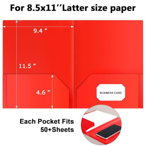 6 Pack Color Plastic Pocket Folders with Business Card Slots - Heavy Duty Office File Organizers