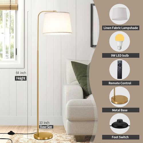 Floor Lamp for Living Room, Dimmable Modern Floor Lamps for Bedroom, Remote Control Modern Corner Standing Lamps, Nursery Industrial Adjustable Arc Tall Lamp with 9W Bulb for Office Reading