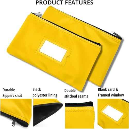 Money Bank Deposit Bag with Zipper | 11x6 inch | Yellow | Durable Leatherette Money Cash Coin Check Wallet Pouch for Men & Women with Framed ID Window and Blank Card (10)