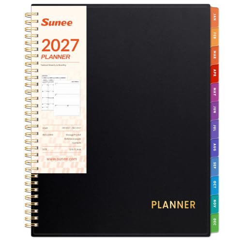 SUNEE 2027 Black Weekly & Monthly Planner 8.5x11 with Tabs, Jan-Dec