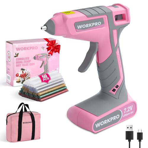 WORKPRO Cordless Hot Glue Gun, 7.2V Glue Gun with 50 Pcs Premium Mini Glue Sticks and Storage Bag, 2600mAh Type-C Rechargeable, Dual-Temp Hot Glue Gun Kit for DIY, Crafting and Arts