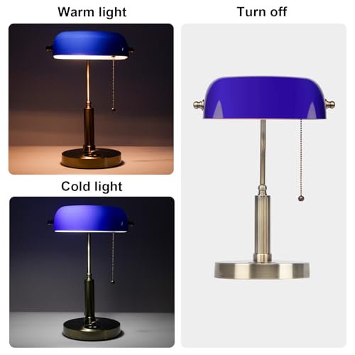 FIRVRE Bankers Lamp with2 USB and Wireless Charging Port£¬Pull Chain Switch Blue Glass Desk Lamp£¬ E26 Base,Traditional Library Desk Lamps for Home Office,Bedroom,Piano