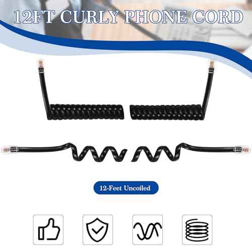 Kanayu 20 Pack Black Phone Handset Cord 12ft Telephone Cord for Landline Coiled Phone Wire Bulk for Use with All Landline Telephone Line Replacement Cable Accessory