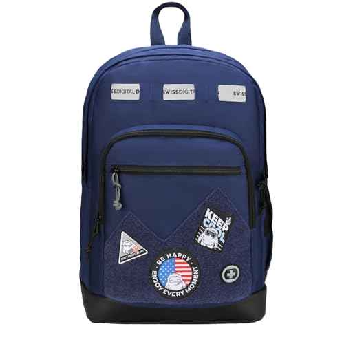 Swissdigital Design Cool Backpack, Stylish School Laptop Backpack with Fun Personalized Patches Fits 16 Inch Notebook, Travel Bag Pefect for Boys & Girls, Dark Blue | BERIKON - Includes 3 Patches