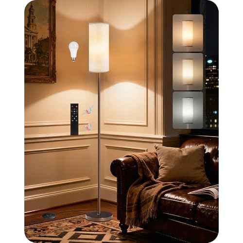 Dimmable Floor Lamps for Living Room with Remote and Foot Switch, 64.4¡± Modern Standing Tall Lamp, Corner Lamp for Bedroom, Bulb Included, 3000K-6500K, Beige and Brown, FCC Listed VE06LD05W1