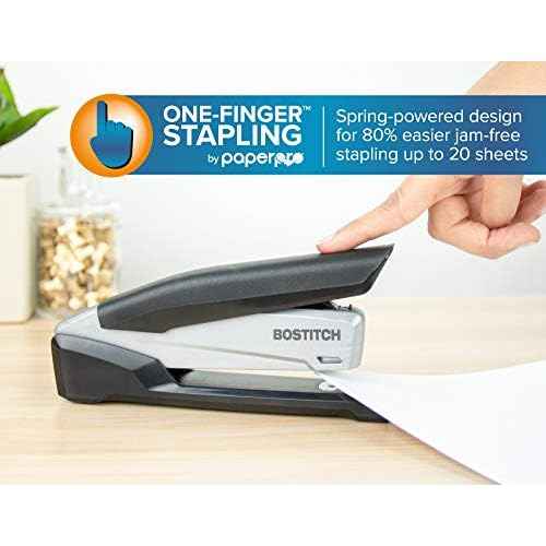 Bostitch Office Executive 3 in 1 Stapler, Includes 210 Staples and Integrated Staple Remover, One Finger Stapling, No Effort, 20 Sheet Capacity, Spring Powered Stapler, Black/Gray (INP20)
