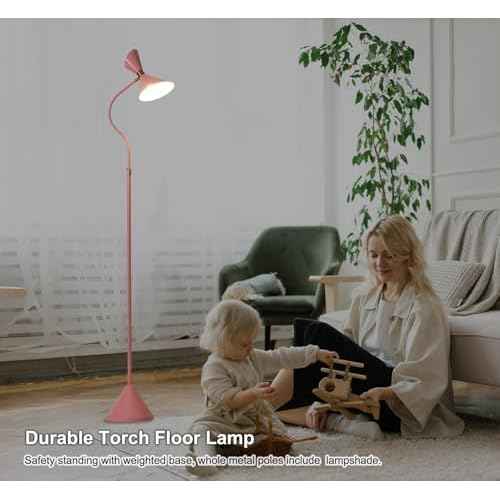 Fiqevs Modern Floor Lamp for Living Room with 6W LED Bulb, Metal Lampshade, Foot Switch, Industrial Tall Reading Lamp for Bedroom, Office, Nursery Room, Corner (Pink)