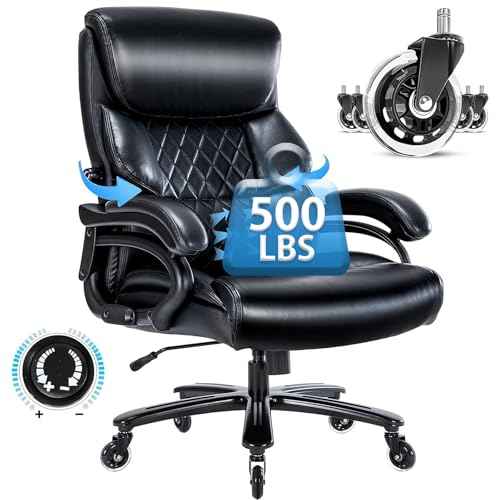 Big and Tall Office Chair- 500 LBS Heavy Duty Executive Rolling Office Chairs for Heavy People with Adjustable Lumbar Support High Back Faux Leather Computer Office Chairs Wide Seat Plus Size Black