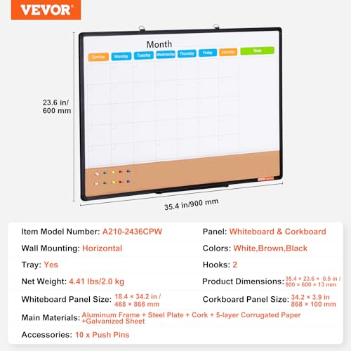 VEVOR 36x24 Inch Magnetic Whiteboard & Cork Bulletin Board Combo with Aluminum Frame