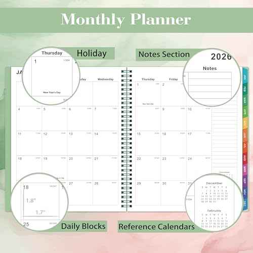 Monthly Planner 2026 - Monthly Planner/Calendar from JAN. 2026 - DEC. 2026, with Inner Pocket, Colorful Tabs, Twin-Wire Binding