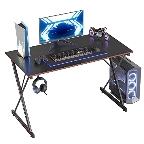 CubiCubi Gaming Desk 47 Inch PC Computer Desk, Carbon Fiber Home Office Desk Table Gamer Workstation, Simple Game Table with Headphone Hook, Dark Black