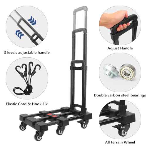 6-Wheel Black Folding Hand Truck, 440 lbs Heavy Duty Dolly, Collapsible Dolly Cart, Portable Platform Cart with 2 Elastic Ropes, Foldable Dolly Cart for Moving, Travel