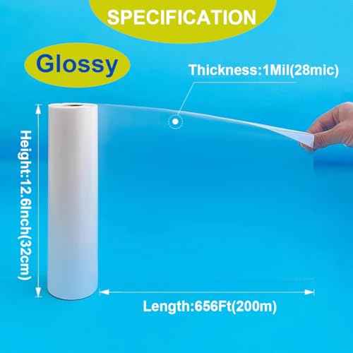 12.6Inchx656Ft Standard Glossy Thermal Laminating Film BOPP Thermal Film Hot Roll Laminating Film, 1Inch Core, 1Mil(28mic) Thickness Laminate Rolls