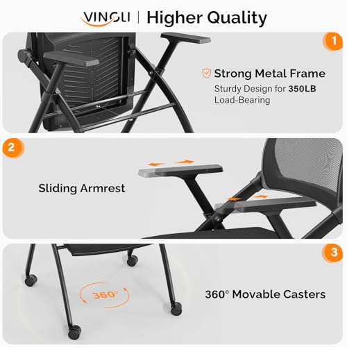 VINGLI 2 Pack Stackable Folding Office Chairs with Wheels – Rebound Back, Padded Seat, 350 lbs Capacity