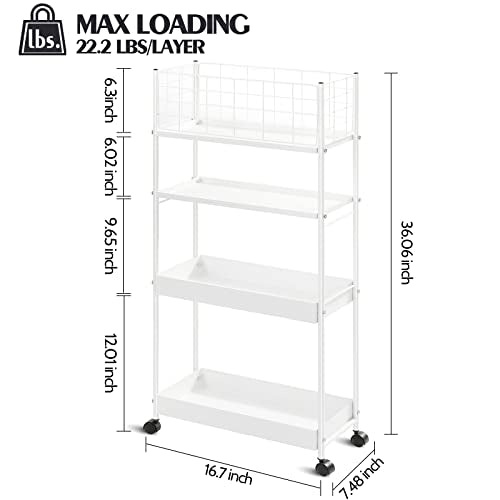 KINGRACK Slim Storage Cart, 4-Tier Metal Utility Rolling Cart with Wheels, Narrow Mobile Shelving Unit, Bathroom Storage Organizer, for Office, Kitchen Bathroom, Laundry Room, Narrow Places, White