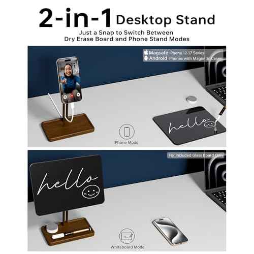 YEOUX Premium Desktop Glass Whiteboard & Magnetic Phone Stand 2-in-1 | 360¡Æ Adjustable | Solid Wood | MagSafe Compatible, Small Dry Erase Board for Office Home Desk