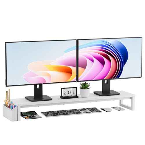 Dual Monitor Stand Riser, 41.5'' Extra Long Wood Monitor Stand Desktop Organizer with Side Pocket, Ergonomic Monitor Riser Supports 2 Monitors,TV,Laptop,Printer for Home Office, White