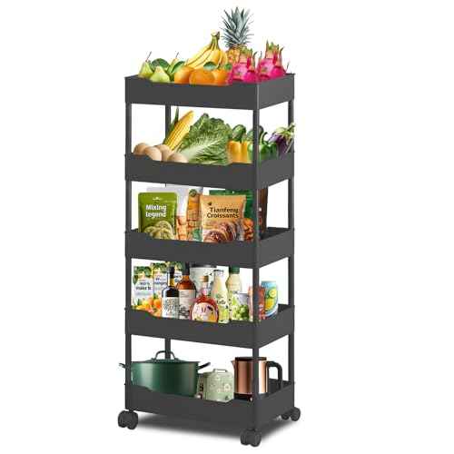 5-Tier Plastic Rolling Utility Cart, Rolling Storage Cart, Narrow Shelf, Bathroom Organizer Rolling Utility for Office, Kitchen,Bathroom,Living Room,Laundry Room